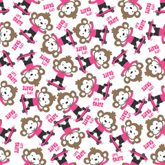 Seamless pattern with cute little monkey on skate board, For fabric textile, nursery, baby clothes, background, textile, wrapping paper and other decoration.