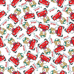Fototapety  Seamless pattern of funy bear driving the blue car. Can be used for t-shirt print, Creative vector childish background for fabric textile, nursery wallpaper and other decoration.