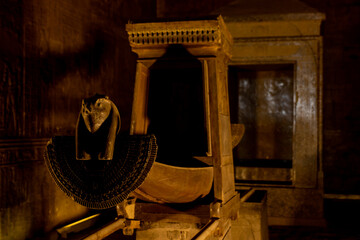 Close-up of sacred solar boat inside the temple of Horus in Edfu. Traditional and antique transport