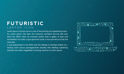 Blue futuristic laptop icon concept with polygon node connected dots and neon effect