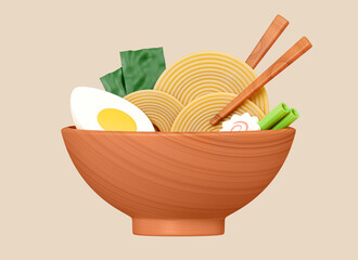 3D Ramen asian noodle soup with chopsticks, egg and seaweed in wooden bowl. Japanese lunch or dinner. Delicious food illustration. Creative realistic design isolated on background. 3D Rendering