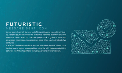 Blue futuristic message sent icon concept with polygon node connected dots and neon effect