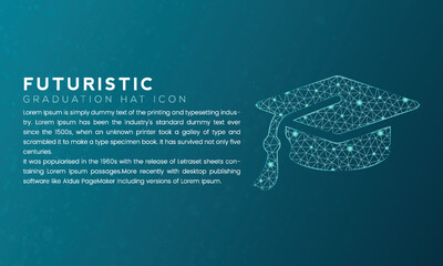 Blue futuristic graduation hat icon concept with polygon node connected dots and neon effect