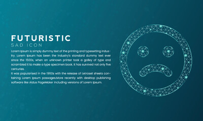 Blue futuristic sad icon concept with polygon node connected dots and neon effect