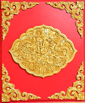 NONTHABURI, THAILAND - January 16, 2023 : Wooden door golden dragon at Dragon Temple Kammalawat or Wat Lengnoeiyi is a chinese temple in Thailand