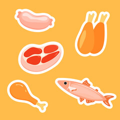 Set assorted food. Ingredients for cooking. Fish, meat, turkey, chicken, sausage. Flat style. Cute stickers.