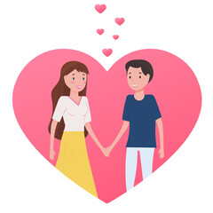 cartoon cute couple of people. A guy and a girl fall in love. The guy is holding the girl's hand. Valentine's Day, wedding anniversary. Vector.
