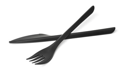 Black plastic disposable knife and fork