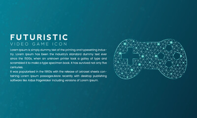 Blue futuristic video game icon concept with polygon node connected dots and neon effect