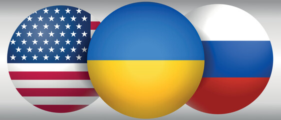 round icons with Ukraine flag, USA America and russian flag on the sides vector. concept of relations between countries