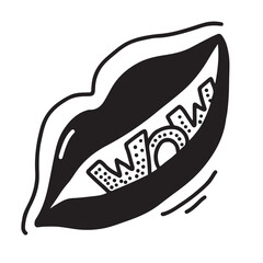 mouth with WOW text. Comic doodle sketch style. WOW icon lettering.