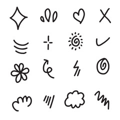 Set of cute hand drawn line scribble expression signs.emoticon effects design elements, cartoon character emotion symbols.vector illustration.