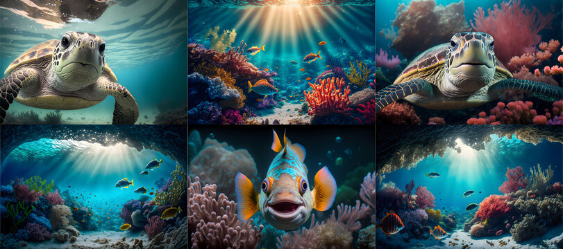 Colorful tropical fish turtle, coral scene underwater background collection, illustration digital generative ai 
