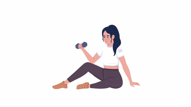 Animated athletic girl with dumbbell. Physical activity. Full body flat person on white background with alpha channel transparency. Colorful cartoon style HD video footage of character for animation