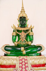 BANGKOK, THAILAND - JANUARY 20, 2023 : Statues of Phra Kaeo Morakot or Phra Phuttha Maha Mani Rattana Patimakon located inside the Buddhist temples (Wat Chanasongkhram Ratchaworamahawihan) at Thailand