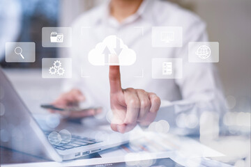 Man touching connect to data information on the Cloud Computing Technology Internet Storage Network...