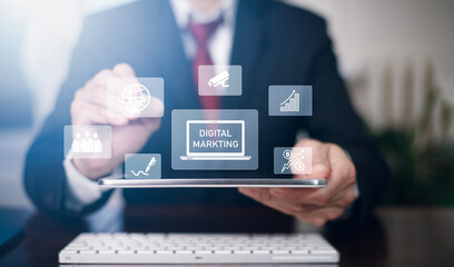 Digital marketing with global network, Man Hand shows the sign icon of Digital marketing internet advertising and sales increase business technology, customer network connection icon on virtual screen