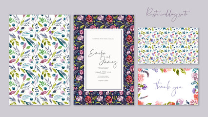 Watercolor floral wedding suite invitation set. Botanical flower patterns and wedding stationery. Rustic wedding design, floral illustration, summer, spring , meadow flowers, berries, shabby chic,boho