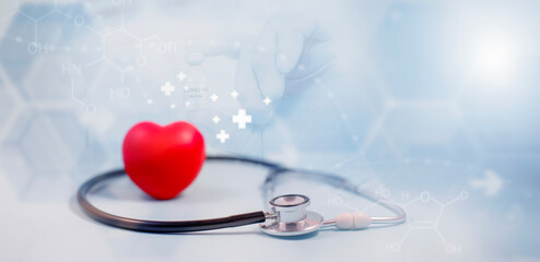 Concept stethoscope and red heart with Health insurance, doctor stethoscope and red heart check...