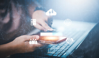 Hand touch bar of Update Software Computer Program Upgrade Business Technology Internet, Update on...