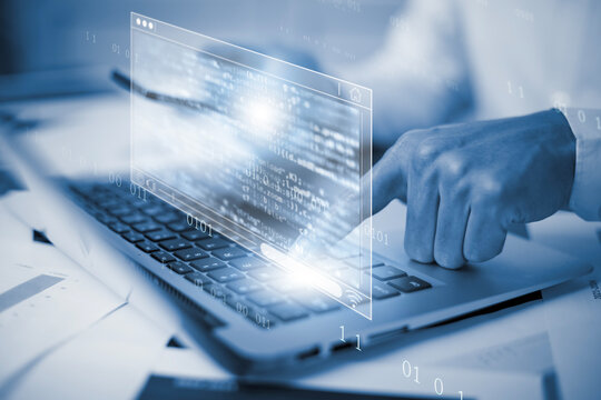 Businessman hand touch with Code html and programming on screen laptop,Programmer development Computer code,web design  coding technology in software, digital software technology development, IoT