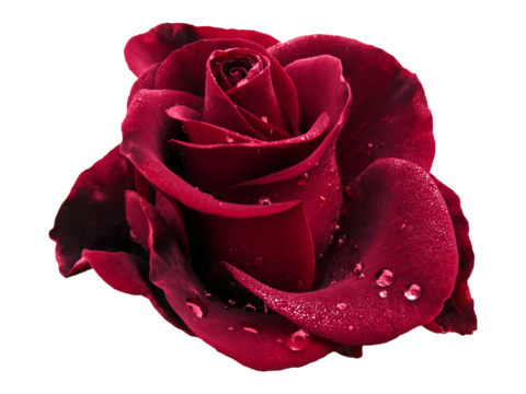 Big dark red rose with water drops and isolated background, png