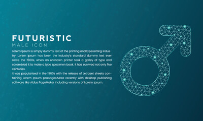 Blue futuristic male icon concept with polygon node connected dots and neon effect