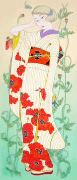 大正浪漫 昭和レトロ 鬼げしの花の背景の縞に赤い花柄の着物の女性
