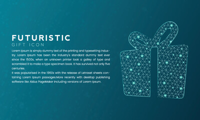 Blue futuristic gift icon concept with polygon node connected dots and neon effect