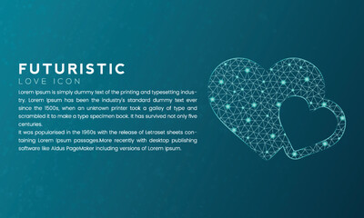 Blue futuristic love icon concept with polygon node connected dots and neon effect