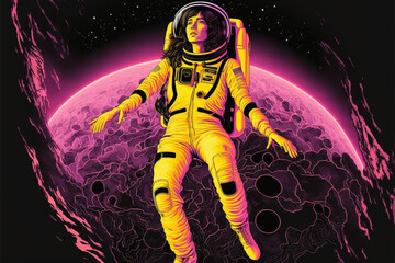 Fototapeta premium Generative ai astronaut woman exploring planet watching outer space