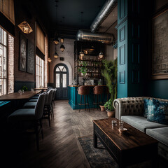 Fototapeta na wymiar Cafe and bar in hotel loft style
