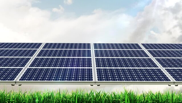 Close up solar power energy panels on the field. 3D animation. Time lapse	