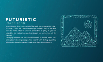 Blue futuristic image icon concept with polygon node connected dots and neon effect