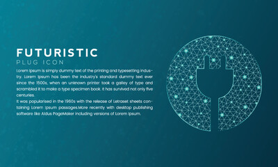 Blue futuristic plug icon concept with polygon node connected dots and neon effect