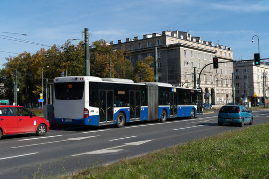 Mercedes-Benz Conecto G articulated bus at Plac Centralny Ronald Reagan Central Square in Nowa Huta district of Kraków, Socialist Realism suburb on October 8, 2022 in Krakow, Poland.
