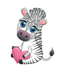 Cute zebra holds a heart in her hands. Valentine's day card