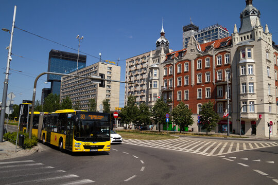 MAN articulated bus, in service for ZTM Metropolitan Transport Authority. Korfantego Avenue on July 21, 2022 in Katowice, Poland.