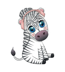 Cute zebra in headphones, love for music. Notes and treble clefs