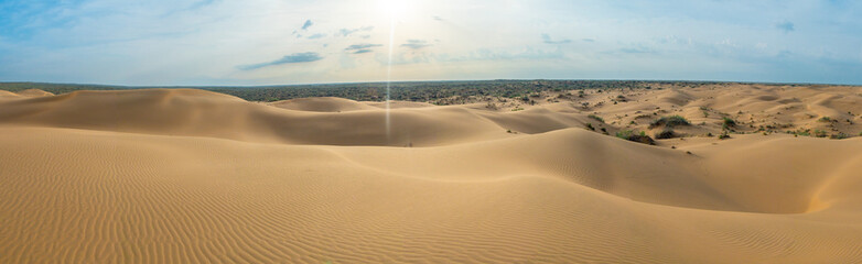 Panorama 180 of the desert in spring from a bird's eye view.