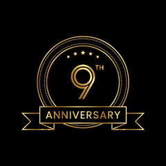 9th Anniversary Template design with golden text and ribbon. Logo Vector Template