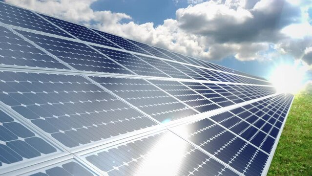 closeup solar power energy panels . 3D animation. solar cell energy power concept idea. time lapse. sky