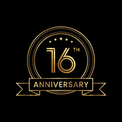 16th Anniversary Template design with golden text and ribbon. Logo Vector Template