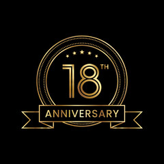 18th Anniversary Template design with golden text and ribbon. Logo Vector Template