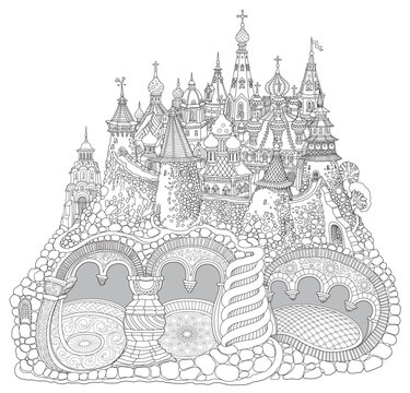 Fairy tale underground cave apartment in the old medieval town. Black and white Adults coloring book page