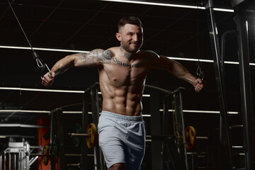 Fototapeta na wymiar Growing endurance. Muscular man training shirtless in gym indoors. Doing lat pull down exercises. Relief, strong body. Concept of sport, workout, strength
