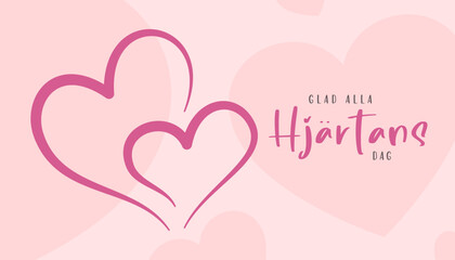 Happy Valentine's Day lettering in Swedish  (Glad alla hjrtans dag) with hearts and background. Greeting card. Cartoon. Vector illustration
