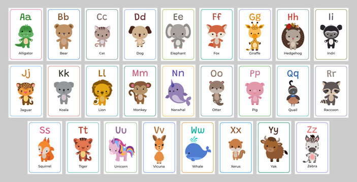 English alphabet flashcards with animals and letters. Cute animal flash card set. Kawaii style animal themed cards. Abc learning for school or preschool kids. Teacher resourses printable layout.