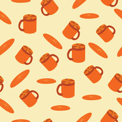 Cups and saucers bright seamless pattern. Tea, tea shop, coffee. Wallpaper, wrapping paper