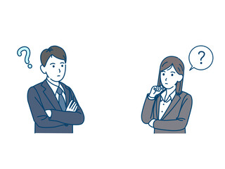 疑問、考えるスーツ姿の若い男女のイラスト
